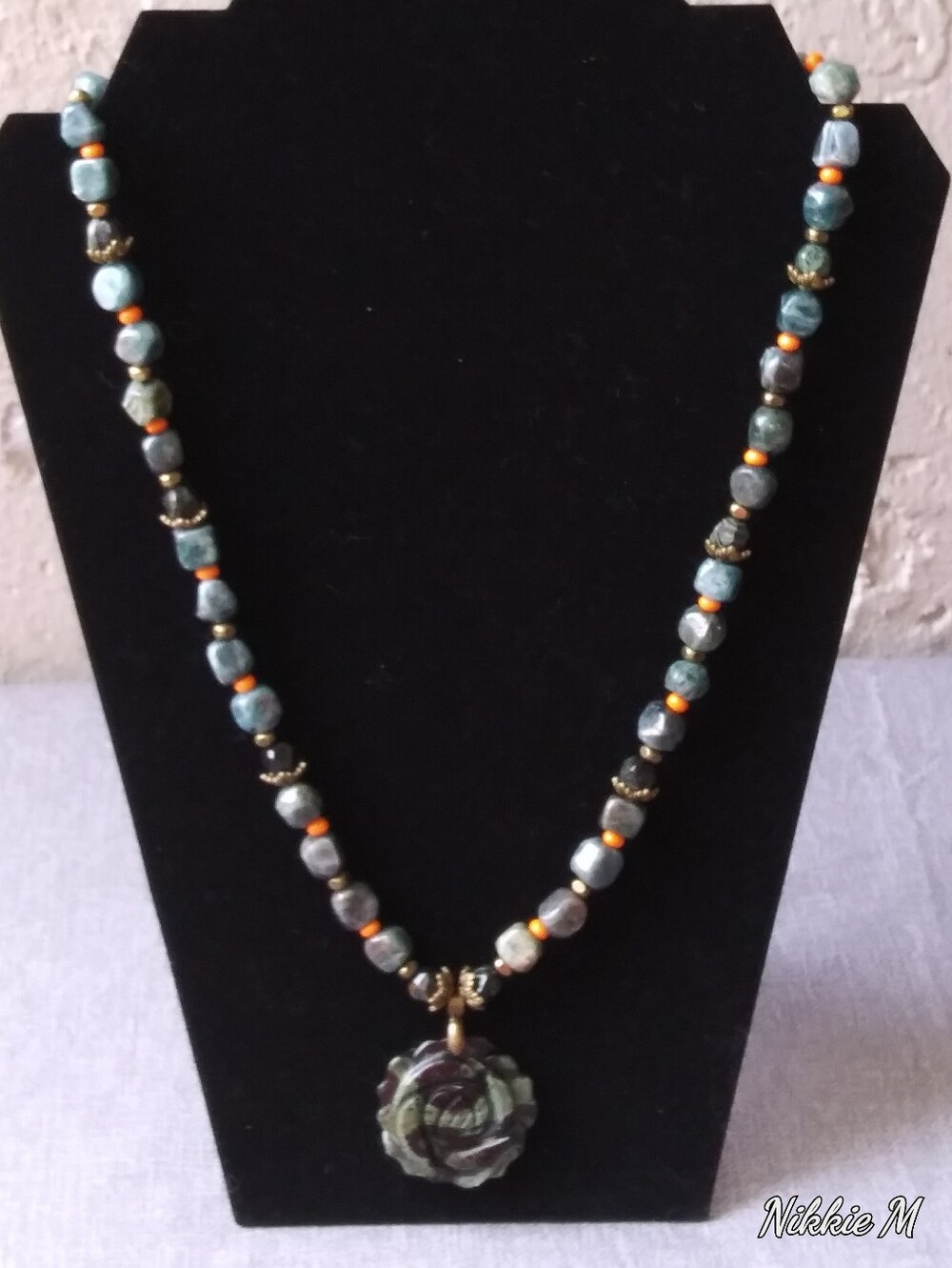 Handcrafted Green Beaded Necklace with Kambaba Jasper Floral Rose Pendant